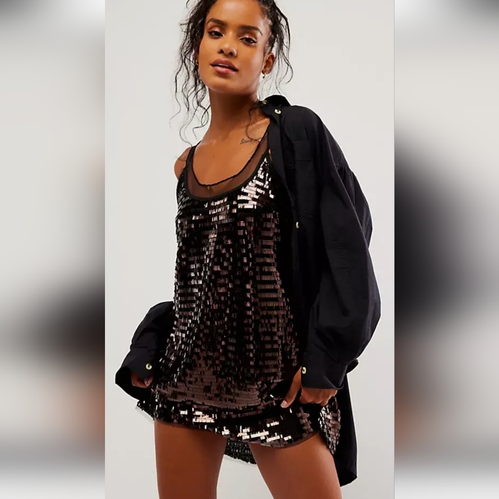 Free People Intimately Disco Fever Mini Slip Chocolate Brown/Black Combo Large - Picture 2 of 14